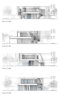 three drawings showing different sections of a building