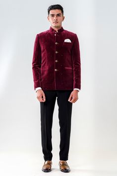 Maroon full sleeve jodhpuri, highlighted with scattered cutdana embroidery. Paired with an inner chinese collared shirt and trouser.
Components: 3
Pattern: Placement Embroidery
Type Of Work: Cutdana
Neckline: Stand Collar
Sleeve Type: Full Sleeves
Fabric: Velvet
Color: Maroon
Other Details: 
Note: Pocket square worn by the model is not for sale
Occasion: Sangeet,Cocktail and Reception - Aza Fashions Chinese Collar Shirt, Cutdana Embroidery, Shirt And Trouser, Placement Embroidery, Chinese Collar, Velvet Color, Collared Shirt, Full Sleeves, Pocket Square