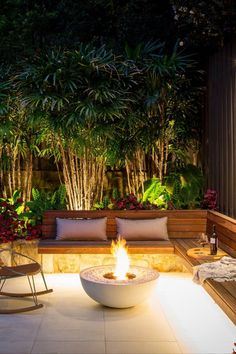 an outdoor fire pit surrounded by plants and trees at night with lights shining on the ground