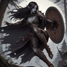 a woman dressed as a warrior holding a shield and standing in the woods with her arms outstretched