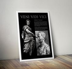 a black and white photo of a roman statue next to a poster on the wall