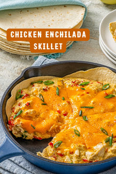 chicken enchilada skillet in a cast iron skillet on a table