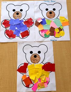 two pieces of paper cut out to look like teddy bears with different colors and shapes