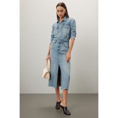 Blue denim (100% Cotton).Denim Sheath. Long sleeves. Collar. Front zipper fly with button closure. 51.5" from shoulder to hemline. Imported. Fitted Button-up Denim Skirt For Fall, Fitted Washed Blue Denim Dress For Work, Fitted Long Sleeve Denim Dress With Frayed Hem, Light Wash Denim Dress With Frayed Hem For Fall, Denim Dress With Frayed Hem For Fall, Fall Light Wash Denim Dress With Frayed Hem, Fall Button-up Fitted Denim Skirt, Fitted Light Wash Denim Top For Work, Light Wash Fitted Denim Top For Work