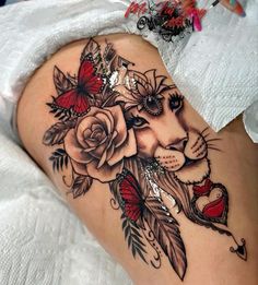 Lion With Roses Tattoo For Women, Lion King Tattoos For Women, 1 Hour Tattoo Ideas For Women, Rasta Tattoo For Women, Leo Neck Tattoo, Disney Thigh Tattoos Women, Side Thigh Tattoos Women Baddie, Women Thigh Tattoos Ideas Beautiful, Tigh Tattoo Woman