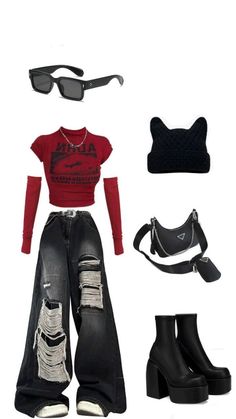 #outfits Concert Cool Outfit, Red And Black Outfits For Concert, Red Top And Black Jeans Outfit, Red Acubi Outfit, Red And Black Outfits Concert, Red Black Concert Outfit, Black And Red Aesthetic Clothes, What To Wear For A Concert, Red And Black Concert Outfit Ideas