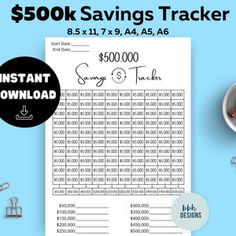 a printable savings tracker is shown on a blue background with other items around it