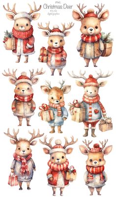 watercolor christmas deers with presents on their antlers and scarfs, all dressed in