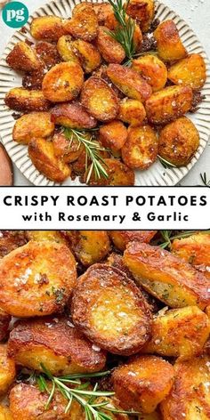 crispy roast potatoes with rosemary and garlic on a white plate next to the recipe title