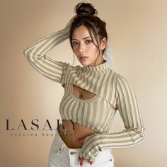 Lasaky - Striped High Neck Long Sleeve Rib Knit Crop Sweater Trendy Stretch Beige Sweater, Trendy Ribbed Beige Cropped Sweater, Trendy Fitted Beige Sweater, Trendy Beige Ribbed Cropped Sweater, Beige Stretch Long Sleeve Cropped Sweater, Beige Stretch Cropped Long Sleeve Sweater, Beige Long Sleeve Stretch Cropped Sweater, Trendy Knitted Tops For Layering, Beige Cropped Ribbed Sweater