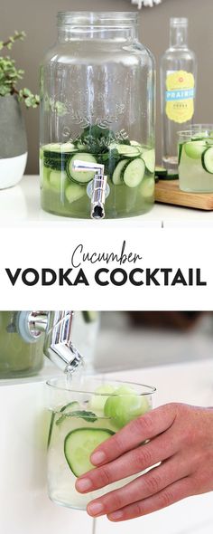 the cucumber vodka cocktail is ready to be poured into a glass pitcher and garnished with sliced cucumbers