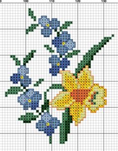 a cross stitch pattern with blue and yellow flowers