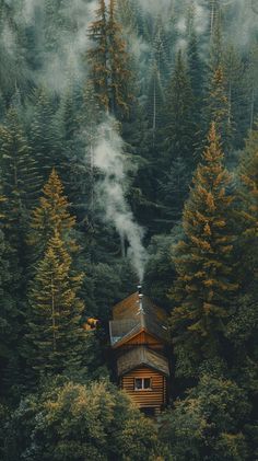 Serene wooden cabin surrounded by pine trees, cozy glow from windows, chimney smoke blending with forest mist. Cozy Cabin Aesthetic, Viking Wallpaper, Wooden Cabin, Man Cave Wall Art, Wooden Cabins