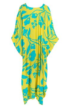 Hit the beach or kick it poolside in this flowy kaftan that features an allover floral pattern, kimono-inspired sleeves and a sharkbite hem. V-neck Kimono-inspired sleeves 100% rayon Hand wash, line dry Imported Beachwear Kaftan With Kimono Sleeves For Daywear, Daywear Kaftan With Kimono Sleeves For Beachwear, Summer Tropical Print Kaftan For Spring, Spring Beachwear Kaftan With Tropical Print, Spring Tropical Print Kaftan For Beachwear, Spring Tropical Print Kaftan For Beach, Printed Spring Kaftan For Beachwear, Summer Floral Print Kaftan For Daywear, Spring Yellow Beach Dress For Poolside