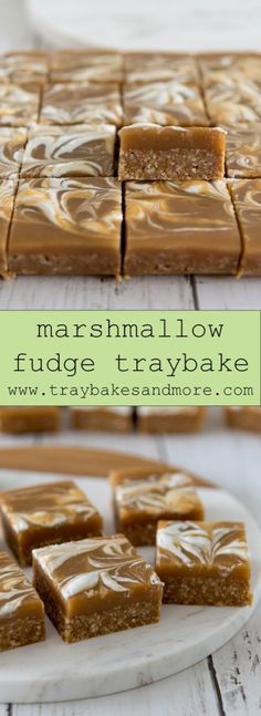 homemade marshmallow fudge tray bakes on a white plate with text overlay