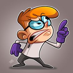 a cartoon character with an angry look on his face and purple gloves, pointing to the side