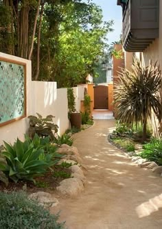 an outdoor walkway with plants and trees on either side