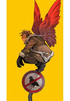 a drawing of a man with wings on top of a no right turn sign in front of a yellow background