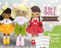 three dolls are standing next to each other on a wooden floor with lights in the background