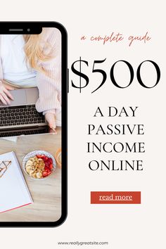 a woman sitting in front of a laptop computer with the words $ 500 a day passive income