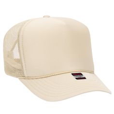 a white trucker hat with mesh on the front and back side, featuring an embroidered patch