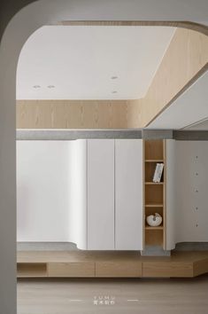 an empty room with white cabinets and shelves