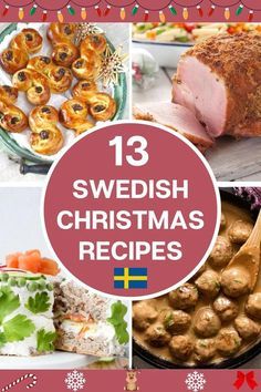 the cover of swedish christmas recipes with pictures of different foods and desserts on it