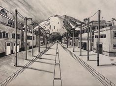 a drawing of a street with buildings and a mountain in the backgrouund