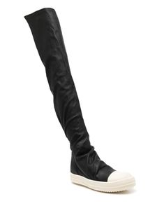 Find RICK OWENS Knee-high Sneaker Boots on Editorialist. black/milk leather blend matte finish stretch-design draped detailing round toe rubber toecap contrasting toecap leather lining pull-on style thigh-high ridged rubber sole Knee High Ricks, Rick Owens Knee High Boots, Knee High Sneakers, Rick Owens Boots, Knee High Stockings, Leather Knee Boots, Black Milk, Sneakers Grey, Thigh High