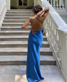 Wedding Guest Dress Royal Blue, Blue Fitted Backless Dress, Fitted Blue Backless Dress, Royal Blue Backless Prom Dress, Blue Backless Dress For Homecoming, Blue Sleeveless Backless Prom Dress, Blue Satin Fitted Backless Dress, Blue Sleeveless Backless Dress For Prom, Fitted Satin Blue Backless Dress