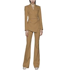 20% wool / 80% polyester. Flat. Include Blazer + Pants. Peak Lapel. Center Vent. Single Buttons. Real pocket. Full lined. Machine wash / Hand wash. Color or size customization please note in the order Tailored Wool Sets For Workwear, Fitted Fall Suit Trousers, Fitted Wool Pantsuit For Fall, Tailored Long Sleeve Pantsuit For Fall, Tailored Fall Pantsuit With Welt Pockets, Tailored Dress Pants For Office In Fall, Tailored Dress Pants With Pockets For Fall, Brown Workwear Sets For Fall, Fall Business Pantsuit With Pockets