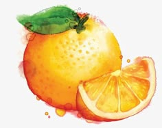 an orange with a green leaf on top and another orange in the background, watercolor