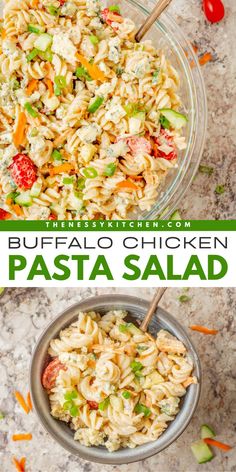 Looking for easy 4th of July recipes? Here's a side dish for BBQs! Everyone will love this Buffalo Chicken Pasta Salad. Spicy with a creamy Greek yogurt-based Buffalo ranch dressing, this summer salad idea is delicious!