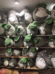 many stuffed animals are on shelves in a store