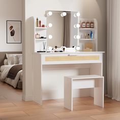 Walker Edison | Rattan Vanity Desk Set Stool & Dressing Table with LED Lighting Mirror Drawer and Compartments Modern Wood Cosmetic Table Chest of Drawers White Color Vanity With Large Mirror, Modern Wood Design, Cosmetic Table, Vanity Table With Lights, Stool For Bedroom, Mirror Drawer, Lighting Mirror, Vanity Desk With Mirror, Mirror Drawers