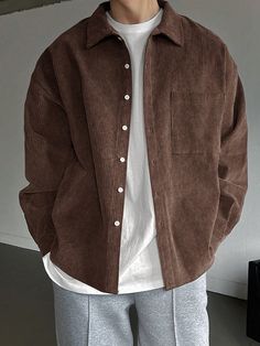 Men's Solid Color Long Sleeve Casual Shirt With Drop Shoulder Coffee Brown Casual  Long Sleeve Corduroy Plain Shirt Non-Stretch  Men Clothing, size features are:Bust: ,Length: ,Sleeve Length: 대학생 스타일, Fashion Outfits Men, Shirt Outfit Men, Flannel Outfits, Outfits Men, Plain Shirts