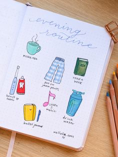 an open notebook with various items drawn on it