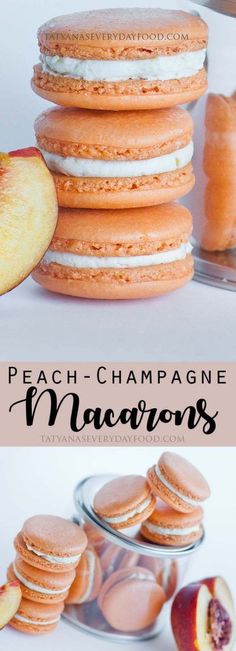 peach champagne macarons are stacked on top of each other with the words peach champagne