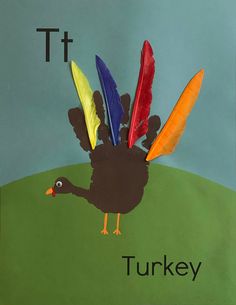 a paper turkey with feathers on it's head and the letter t in the background