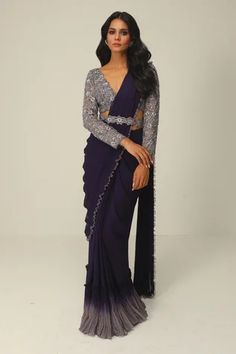 Shop for Rishi and Soujit Purple Organza Ombre Pre-draped Saree With Embroidered Blouse for Women Online at Aza Fashions Organza Embroidery, Draped Saree, Embroidered Belt, Drape Saree, Beaded Neckline, Pattern Embroidery, Blouse For Women, Purple Lilac, Saree With Blouse