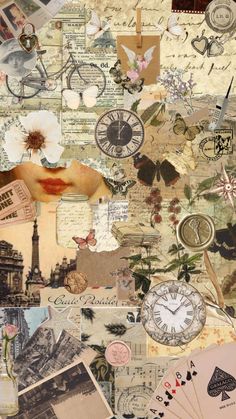 a collage of different types of papers and pictures with clocks, flowers, cards, and other things