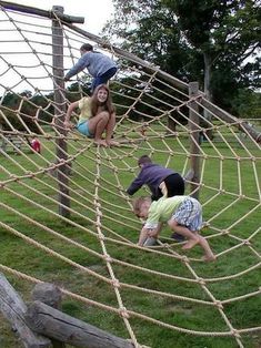 children playing in a rope net on the grass