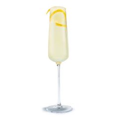 a tall glass filled with lemonade and garnished with a slice of lemon