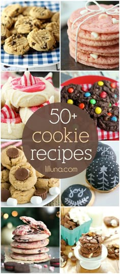 some cookies and desserts are shown with the words 50 cookie recipes on top of them