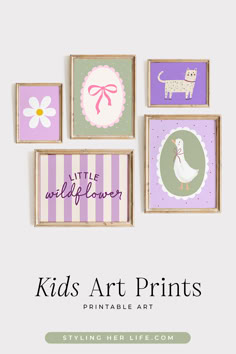 kids art prints displayed on the wall with text overlay saying, little wildflowers