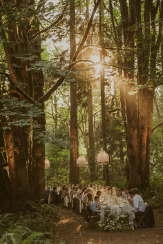 a group of people sitting around a table in the middle of a forest at sunset