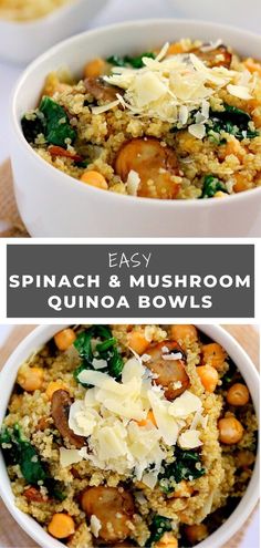 spinach and mushroom quinoa bowls with text overlay