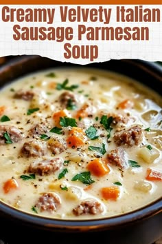 a bowl of creamy velvet italian sausage parmesan soup