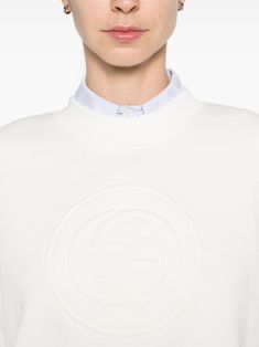 ivory white cotton crew neck long sleeves ribbed cuffs and hem Interlocking G embroidery straight hem rear two-way zip fasteningThis piece fits true to size. We recommend you get your regular sizeModel is 1,75m / 5ft 8in wearing size S G Embroidery, White Knit Sweater, Classic Wardrobe Staples, Buy Gucci, Sweater For Women, Leather Cap, Mens Fall, Mens Gloves, Ivory White