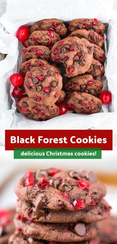 chocolate cookies with cherries are stacked on top of each other and the words black forest cookies above them